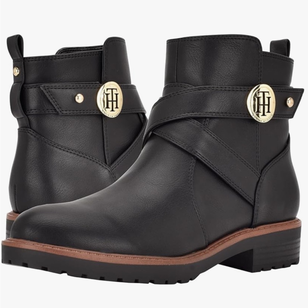 TOMMY HILFIGER FEINNIE ANKLE LEATHER BLACK BOOTS 9.5